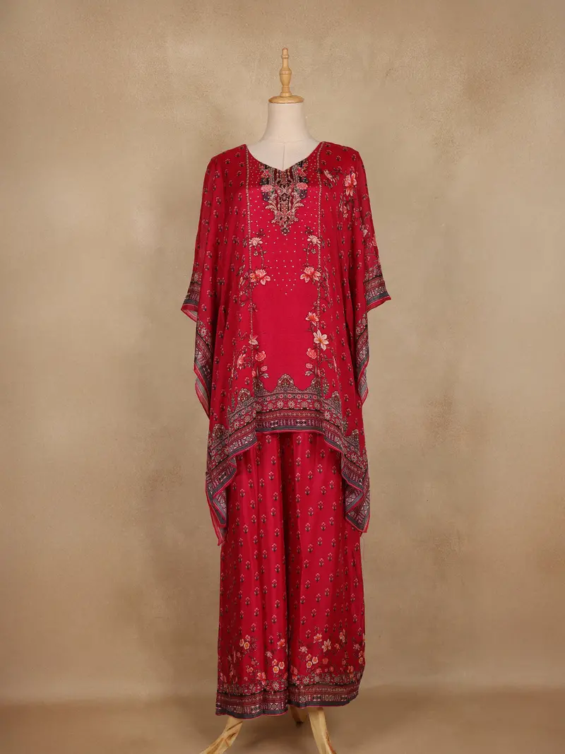 Pink Floral Printed Design Crepe Kaftan Suit 1