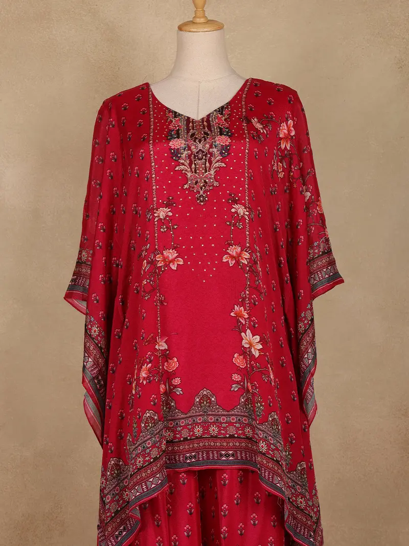 Pink Floral Printed Design Crepe Kaftan Suit 2