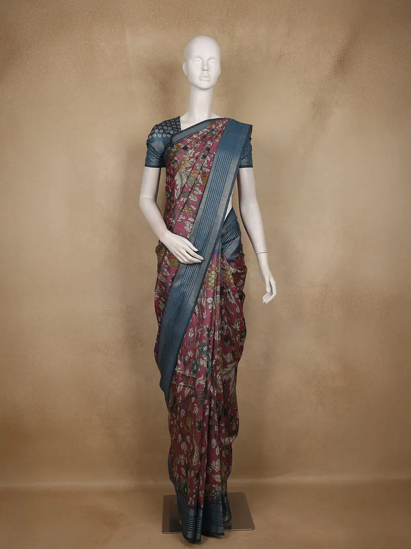Pink Floral Printed Design Semi Tussar Saree With Blue Border 1