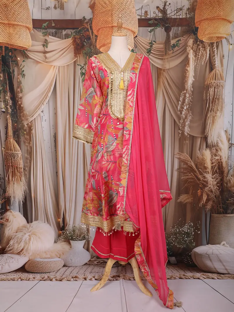 Pink Floral Printed Design Tissue Silk Anarkali Salwar Suit 1