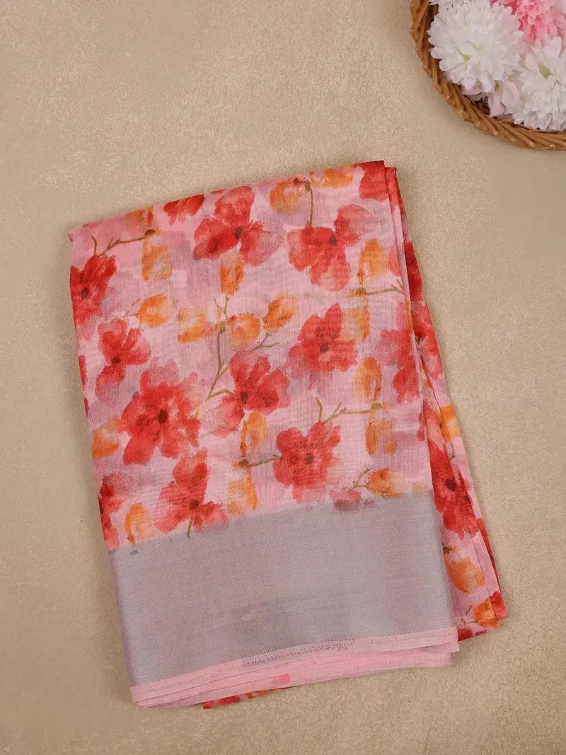 Pink Floral Printed Fancy Cotton Saree 1