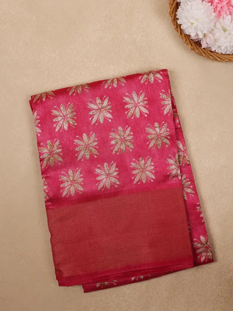 Pink Floral Printed Fancy Cotton Saree 1