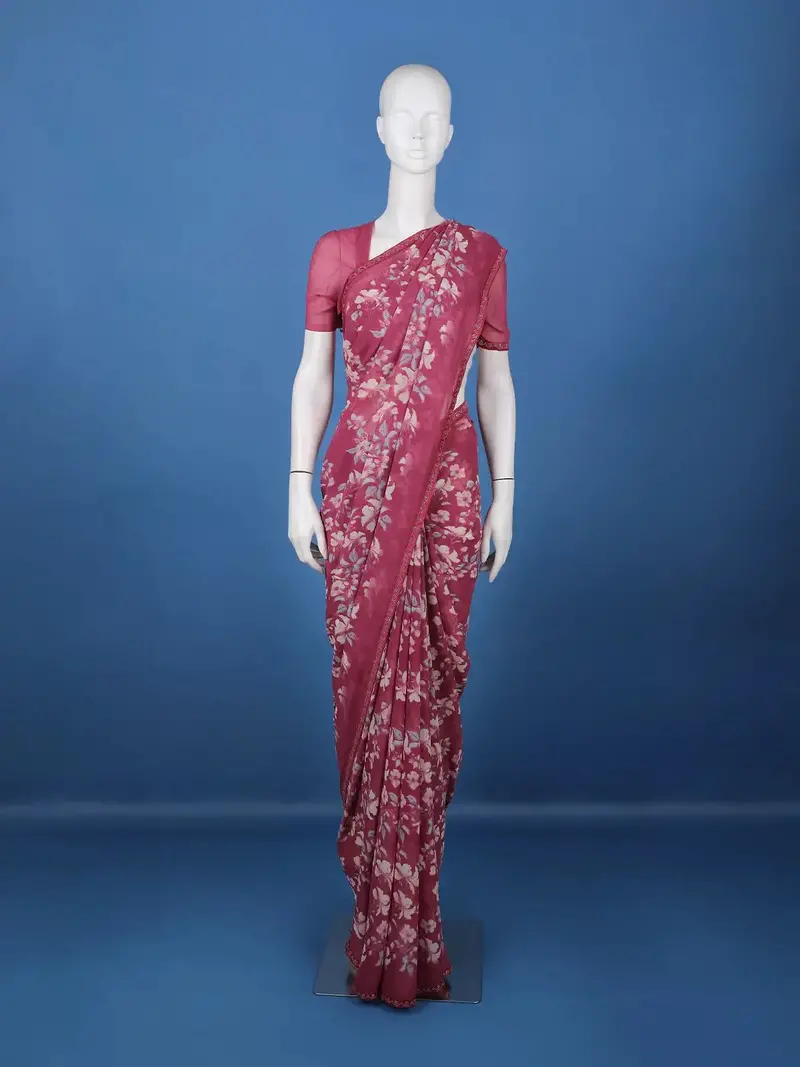 Pink Floral Printed Georgette Saree With Matching Blouse 1