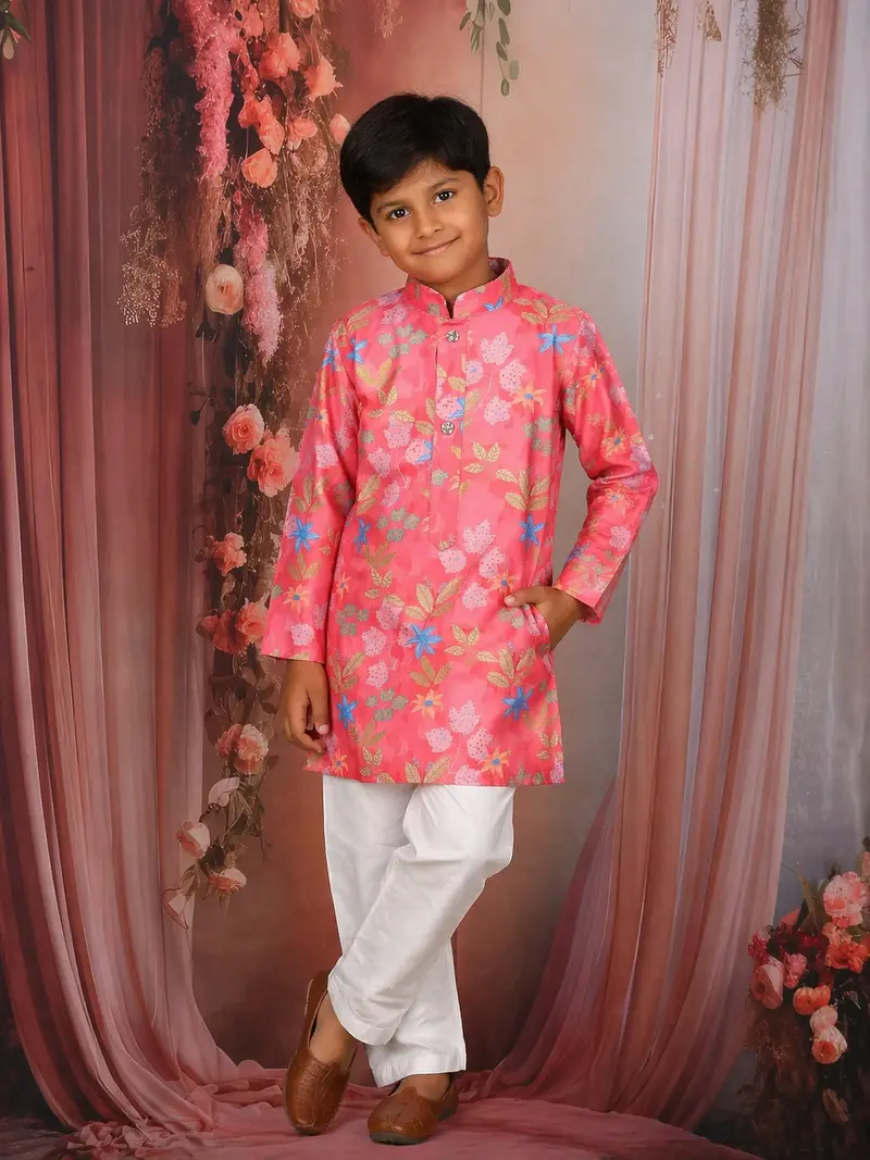 Pink Floral Printed Kids Kurta Set 1