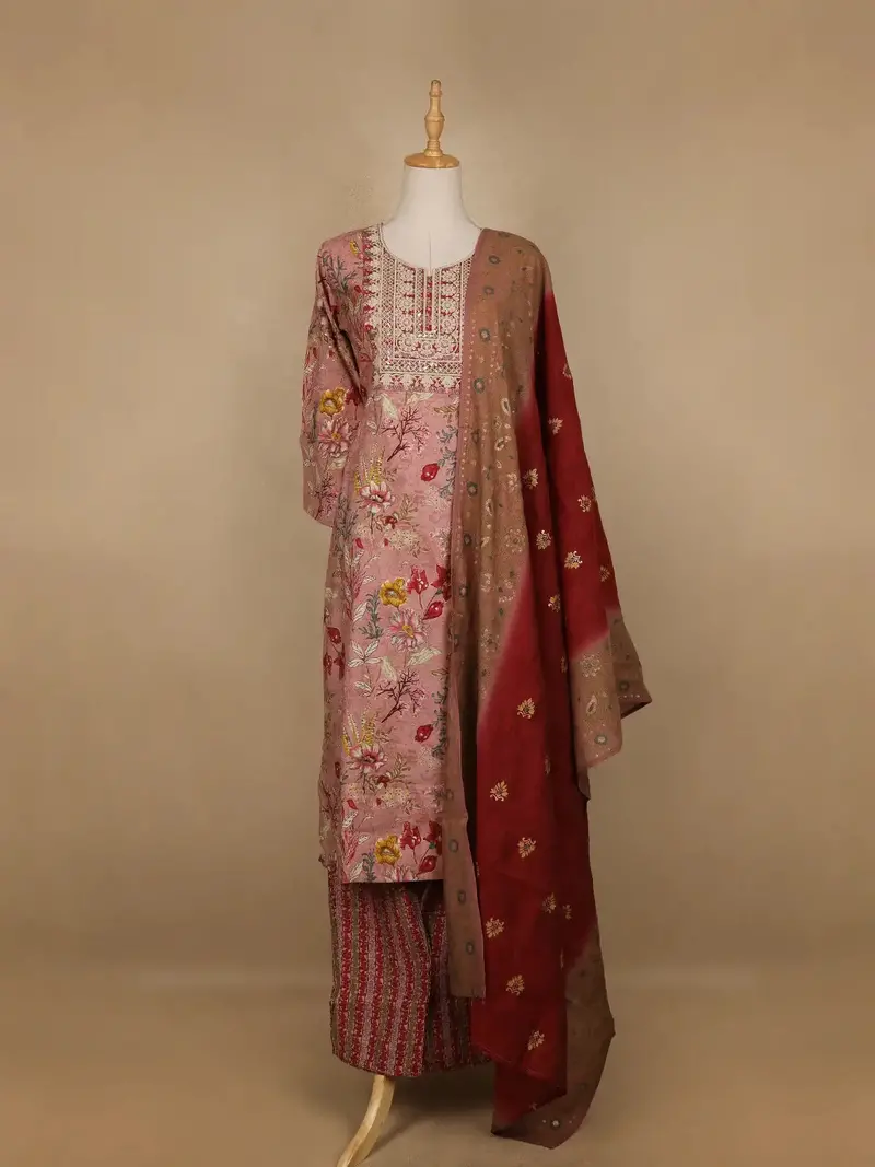 Pink Floral Printed Semi Silk Salwar Suit 1