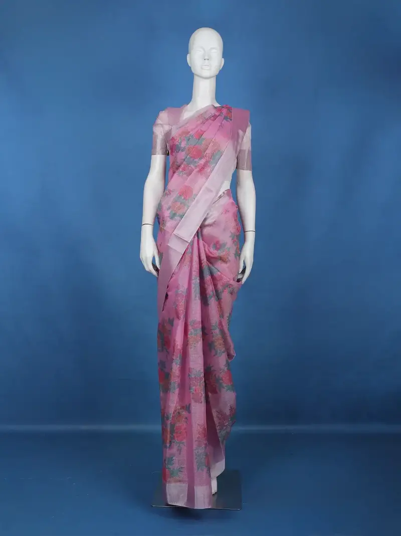 Pink Floral Printed Semi Tissue Saree 1