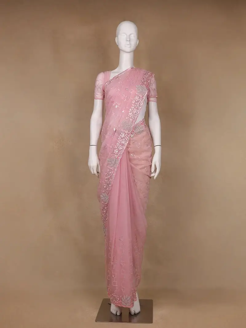 Pink Floral Sequin Embroidered Organza Designer Saree 1