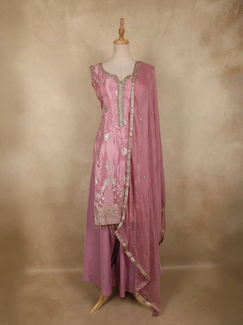 Pink Floral Sequins And Beads Embroidered Design Organza Palazzo Suit With Dupatta 1