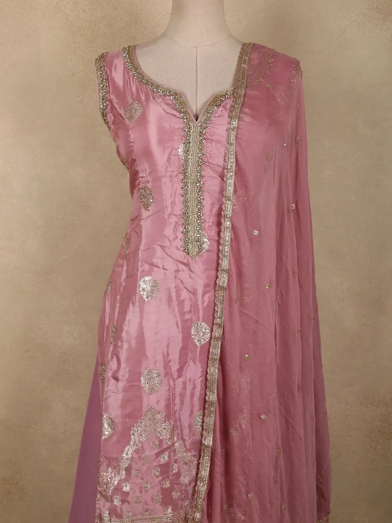 Pink Floral Sequins And Beads Embroidered Design Organza Palazzo Suit With Dupatta 2