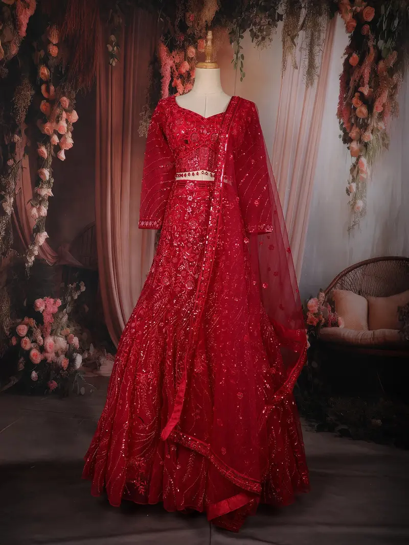 Pink Floral Sequins And Beads Embroidered Net Lehenga Set With Dupatta 1