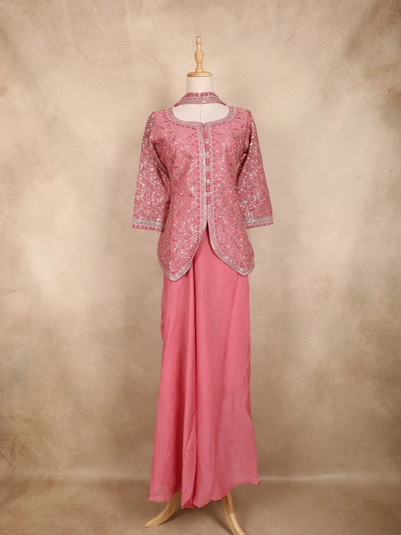 Pink Floral Sequins Embroidered Georgette Peplum Palazzo Suit With Choker Dupatta 1