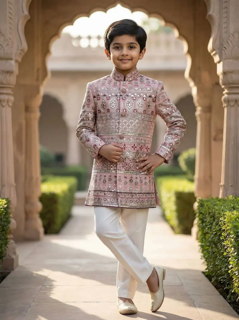 Pink Floral Sequins Embroidered Kids Semi Silk Sherwani Set 1