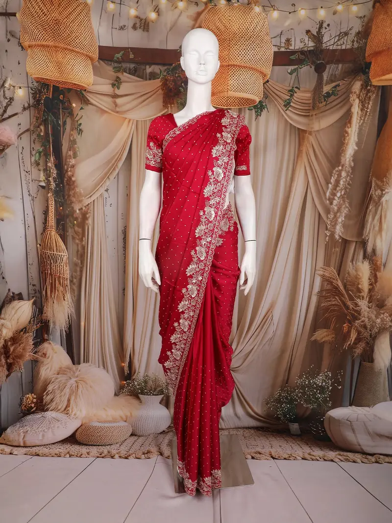 Pink Floral Sequins Embroidered Satin Saree 1