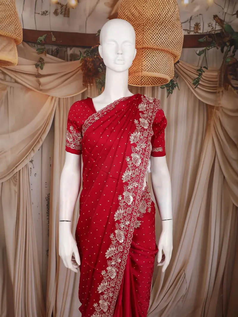 Pink Floral Sequins Embroidered Satin Saree 2