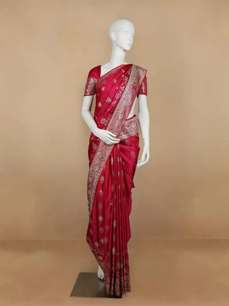 Pink Floral Weave And Stone Work Banarasi Silk Saree 1