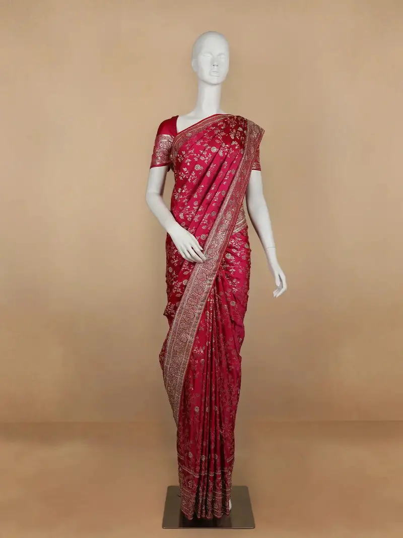 Pink Floral Weave And Stone Work Banarasi Silk Saree 1