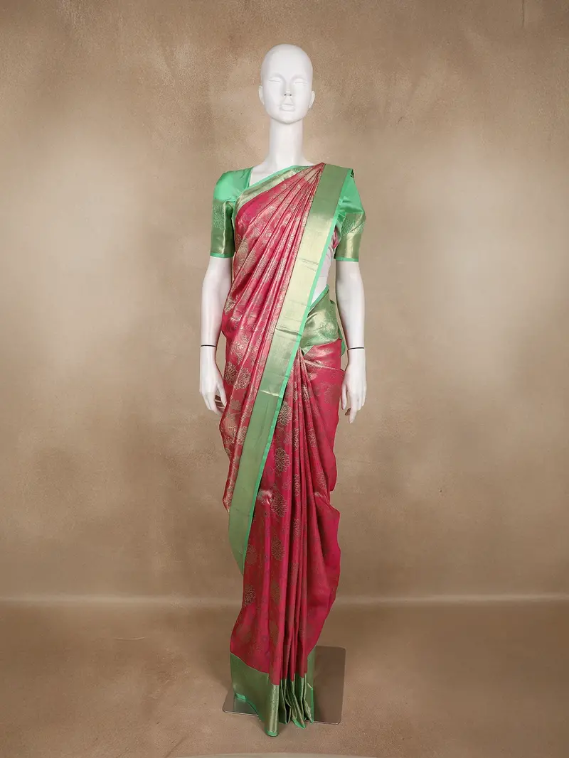Pink Floral Woven Pure Kanchipuram Silk Saree With Zari Border 1