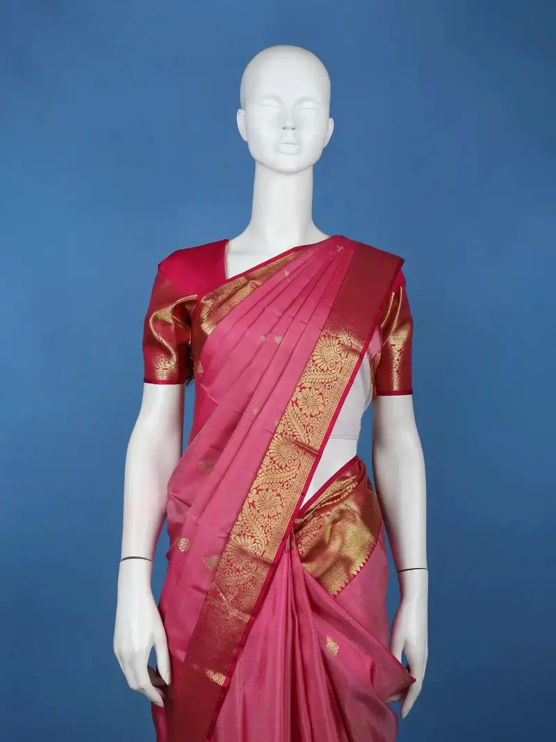 Pink Floral Woven Pure Kanchipuram Silk Saree With Zari Border 2