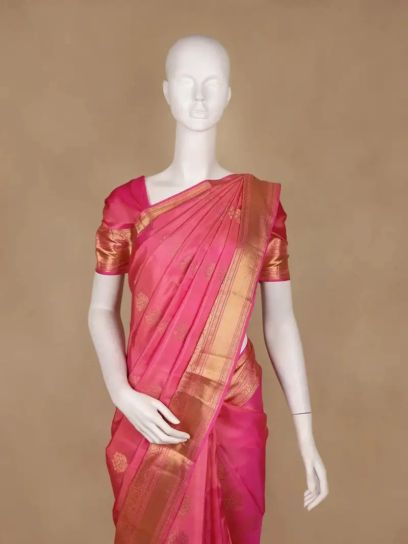 Pink Floral Woven Pure Kanchipuram Silk Saree With Zari Border 2