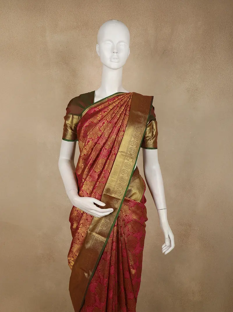 Pink Floral Zari Woven Design Pure Kanchipuram Silk Saree With Contrast Zari Border 2