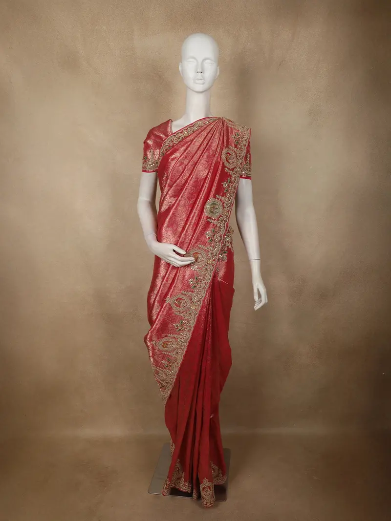 Pink Floral Zari Woven Design Tissue Banarasi Designer Saree With Heavy Designer Border 1