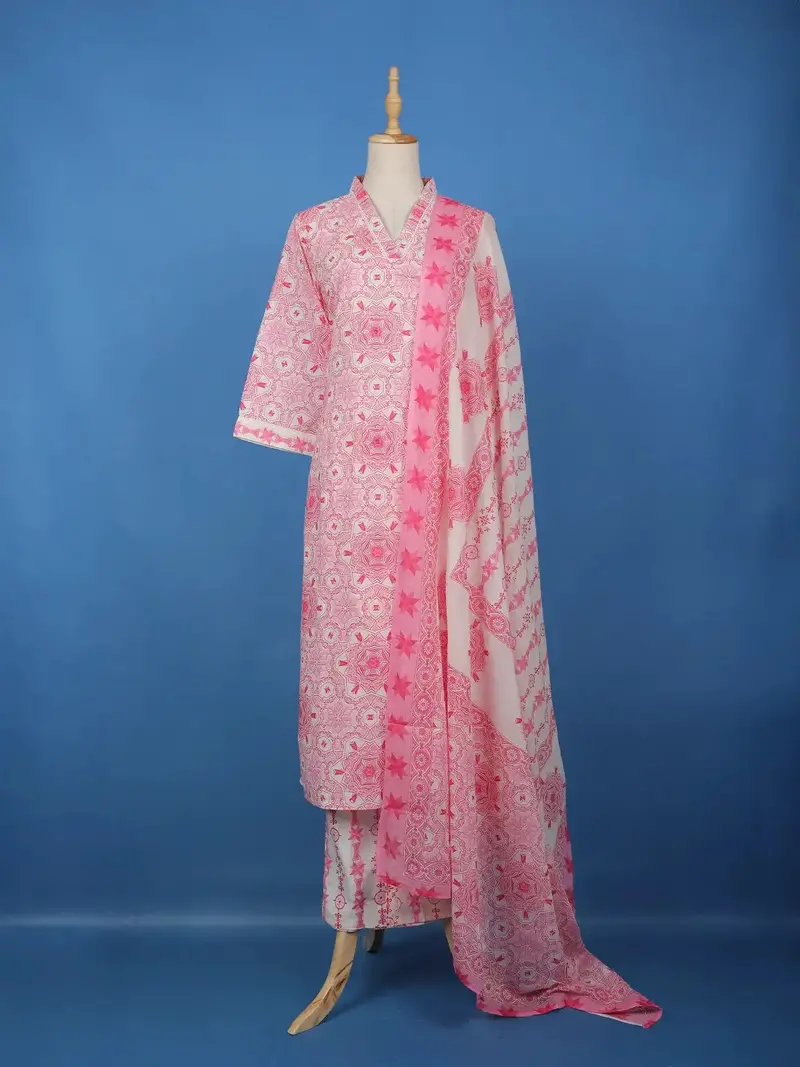 Pink Geometric Printed Cotton Salwar Suit With Dupatta 1