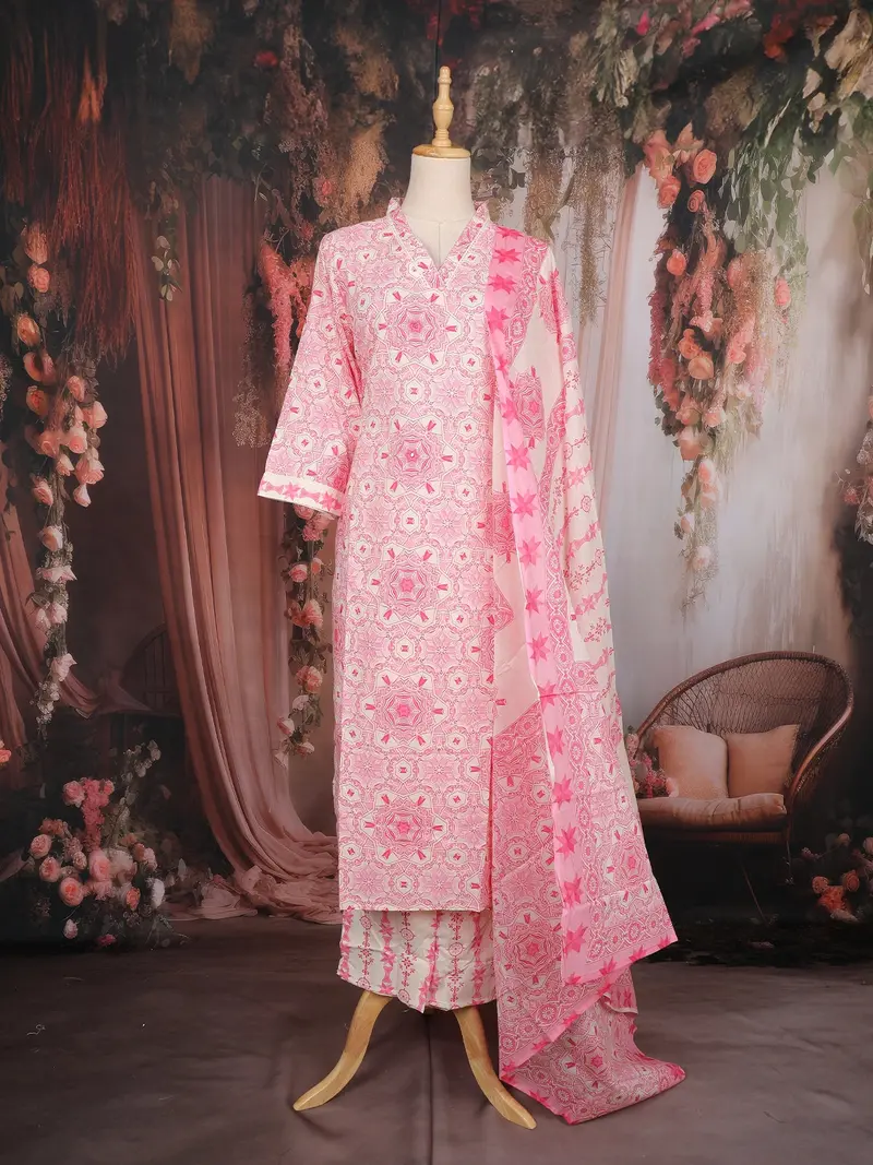 Pink Geometric Printed Cotton Salwar Suit With Dupatta 1