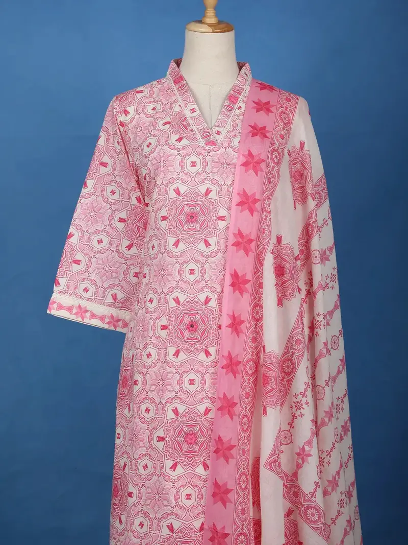 Pink Geometric Printed Cotton Salwar Suit With Dupatta 2