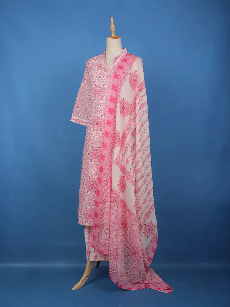 Pink Geometric Printed Cotton Salwar Suit With Dupatta 3