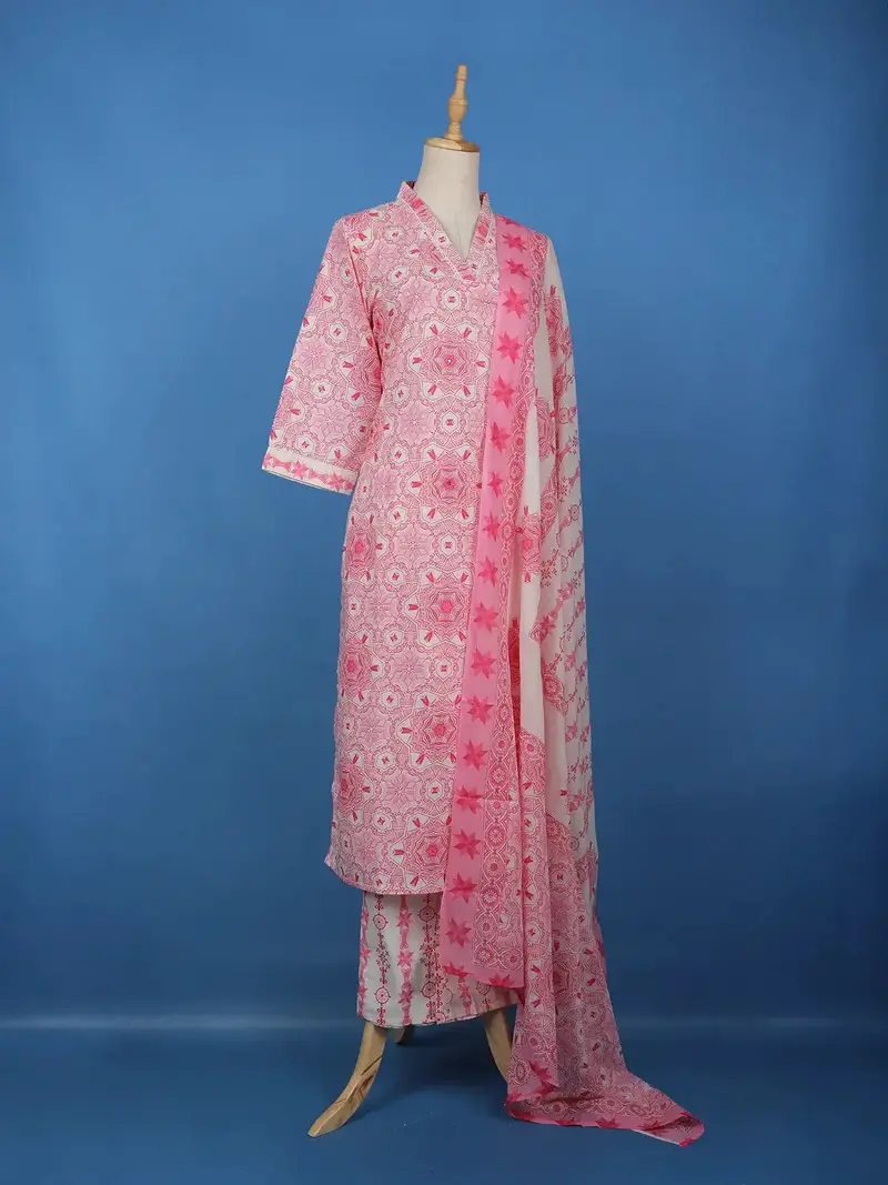 Pink Geometric Printed Cotton Salwar Suit With Dupatta 4