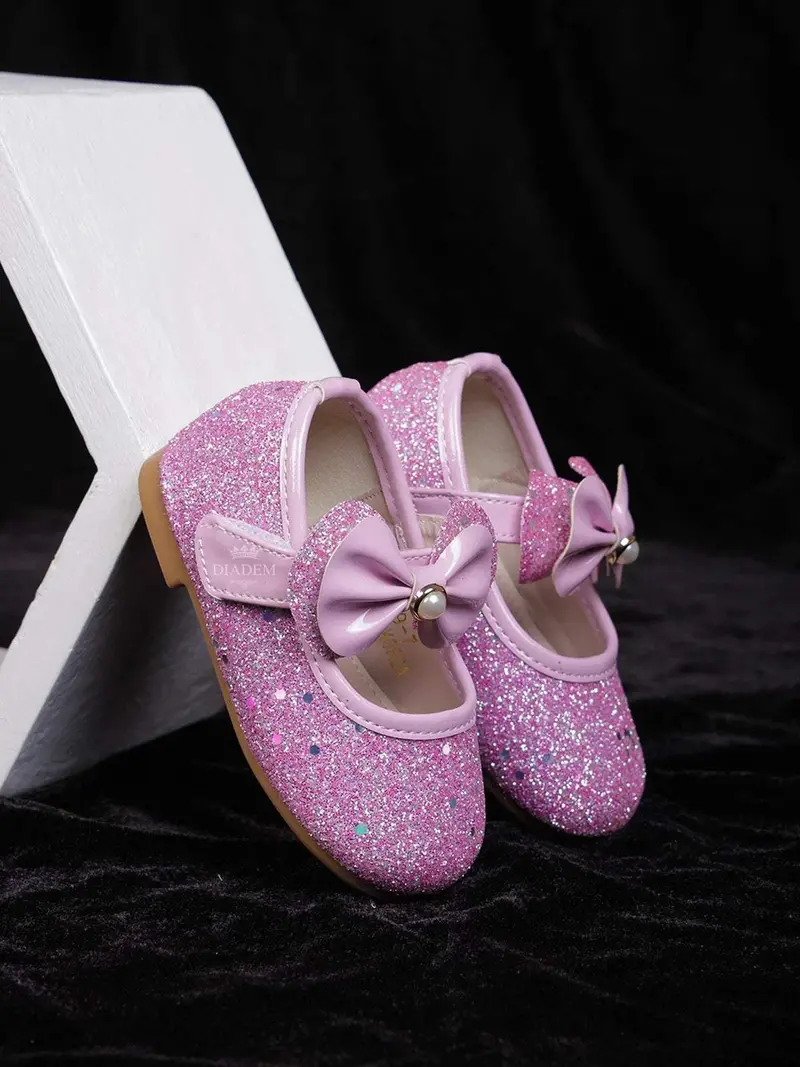 Pink Glitter Ballerinas With Attached Bow For Girls 1