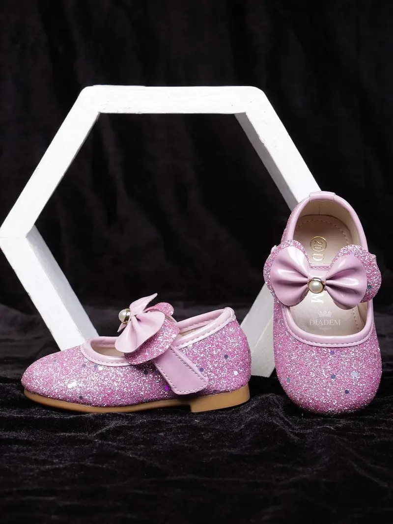 Pink Glitter Ballerinas With Attached Bow For Girls 2