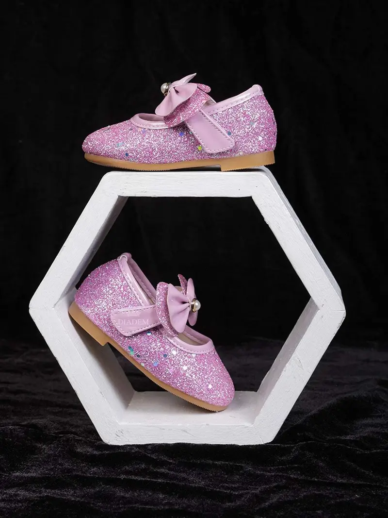 Pink Glitter Ballerinas With Attached Bow For Girls 3