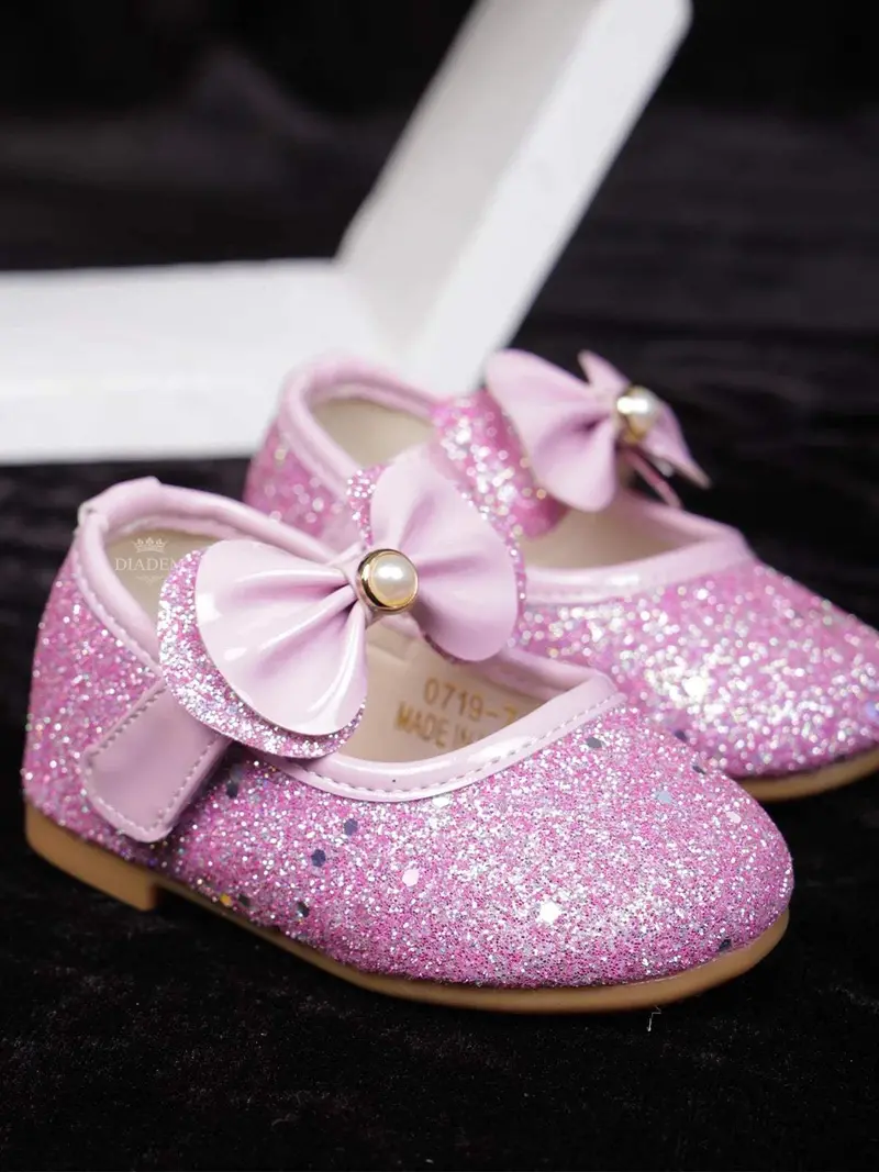 Pink Glitter Ballerinas With Attached Bow For Girls 4