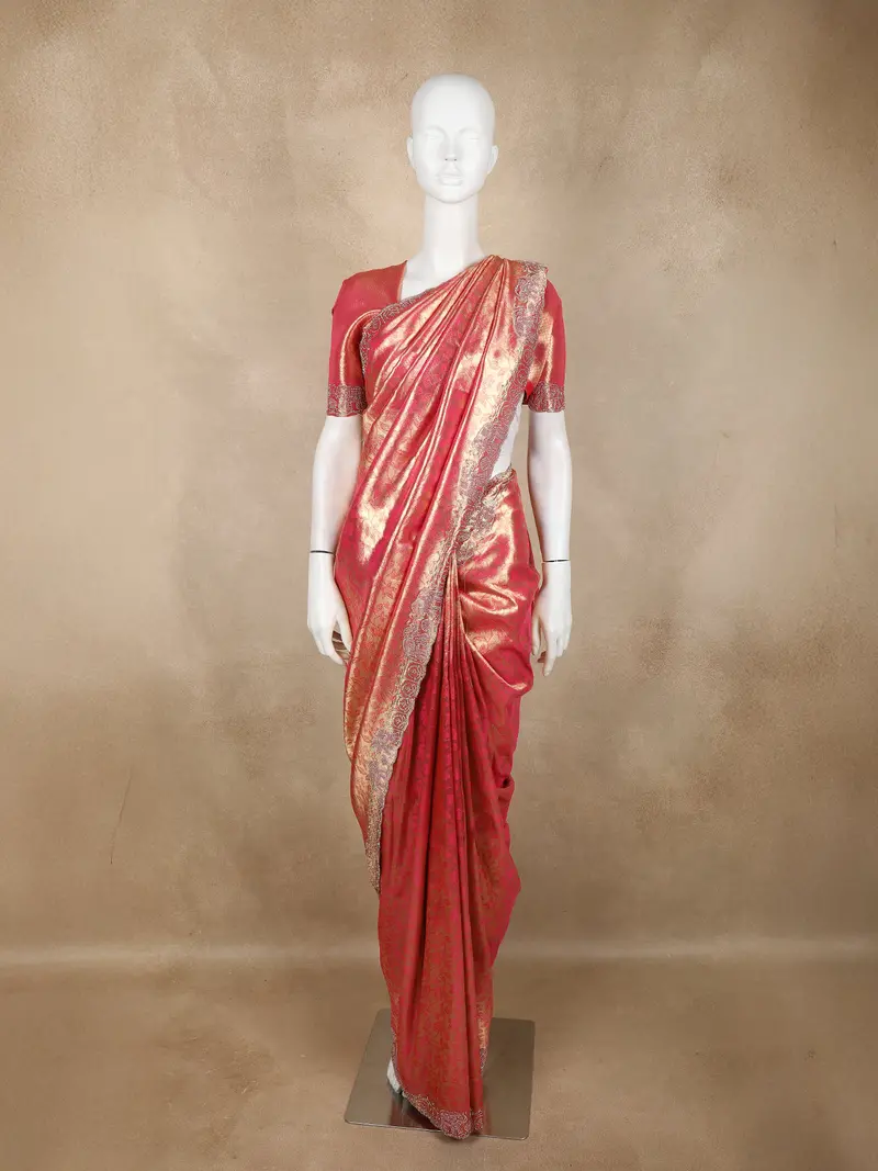 Pink & Gold Banarasi Silk Saree With Floral Woven Design And Designer Embellished Border 1
