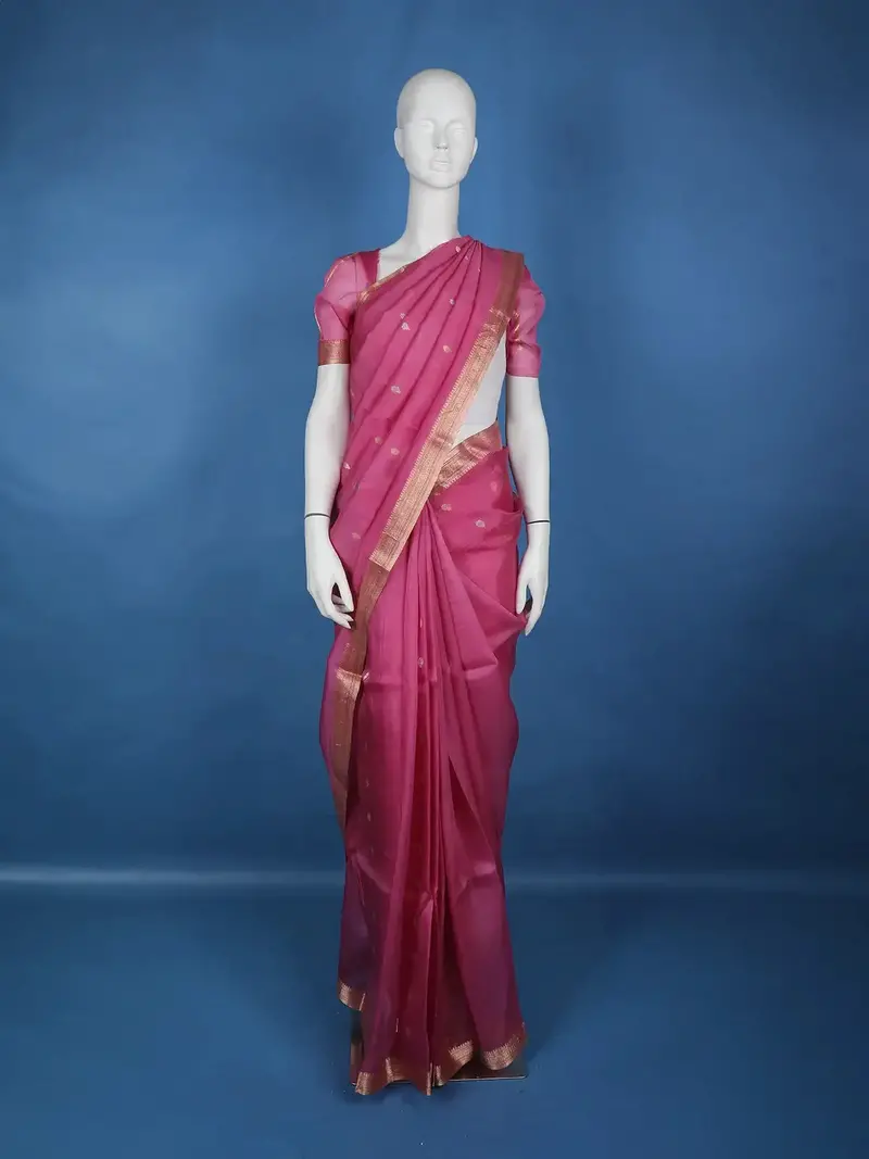 Pink Gold Zari Butta Organza Saree 1