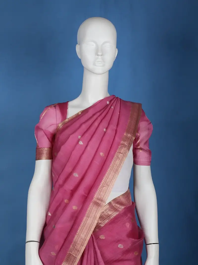 Pink Gold Zari Butta Organza Saree 2