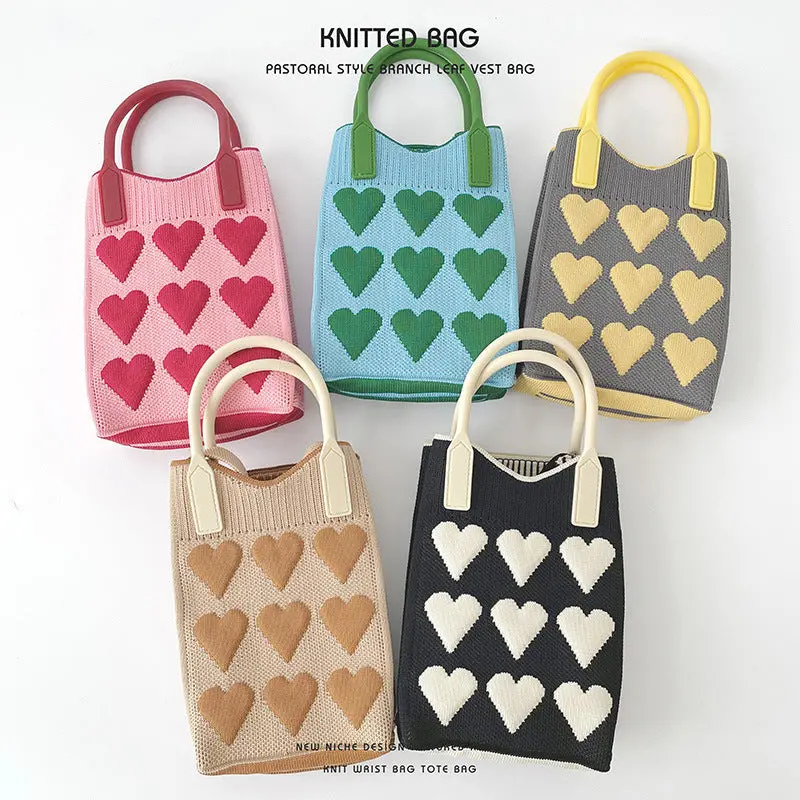 Pink Heart Shape Mini Phone Bag Knit Tote 1