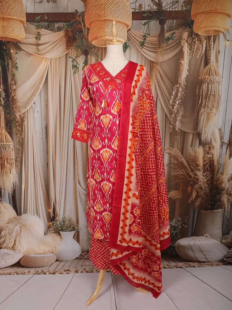 Pink Ikat Printed Cotton Salwar Suit With Dupatta 1