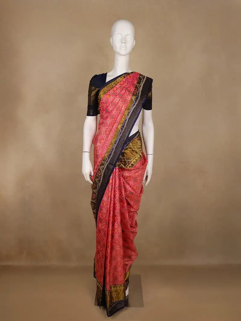 Pink Ikat Woven Silk Saree With Navy Blue Contrast Border 1
