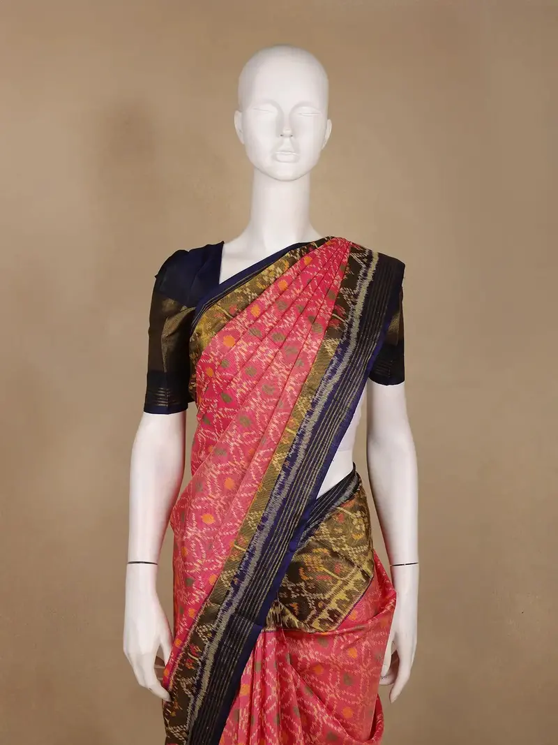 Pink Ikat Woven Silk Saree With Navy Blue Contrast Border 2