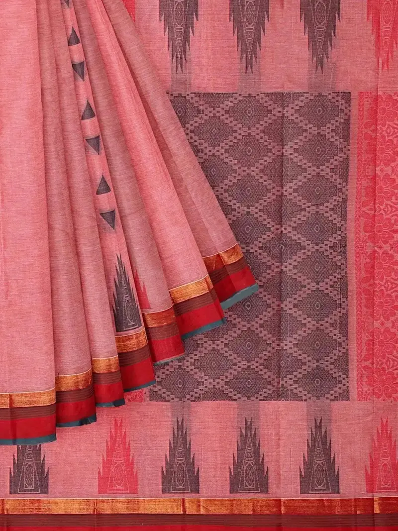 Pink Kanchi Cotton Saree With Thread Butta On The Body And Contrast Temple Zari Border 1