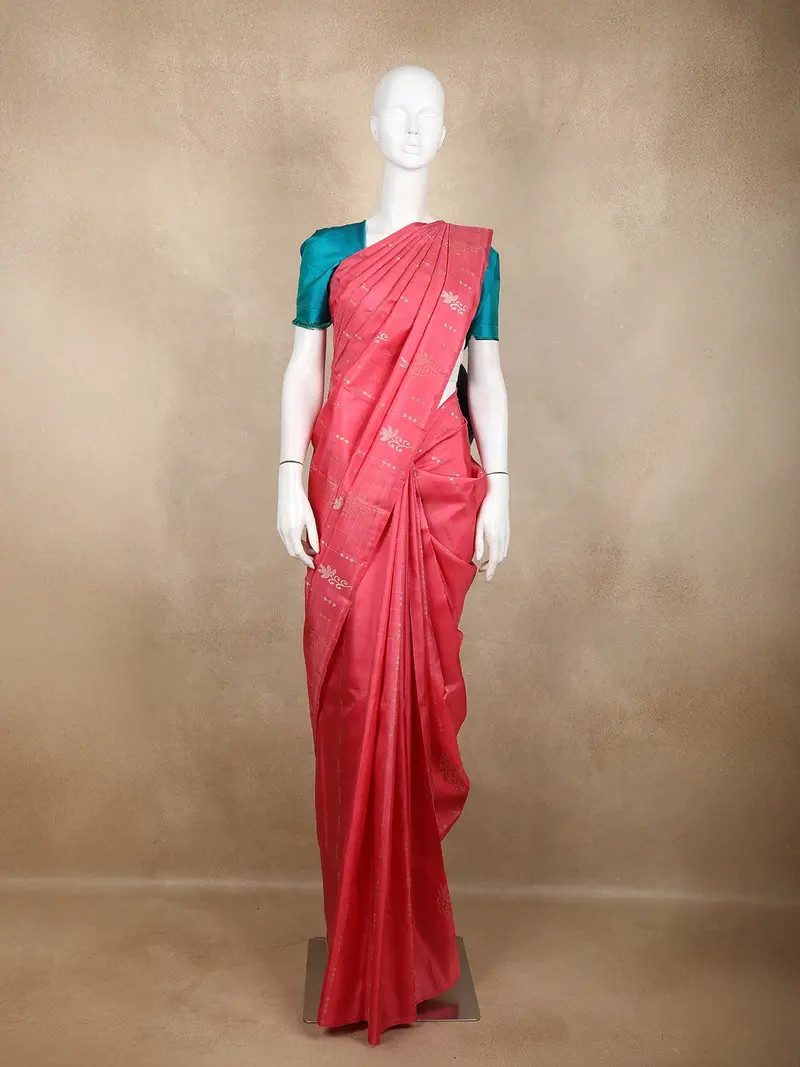 Pink Kanchipuram Bridal Silk Saree With Stripes And No Border 1