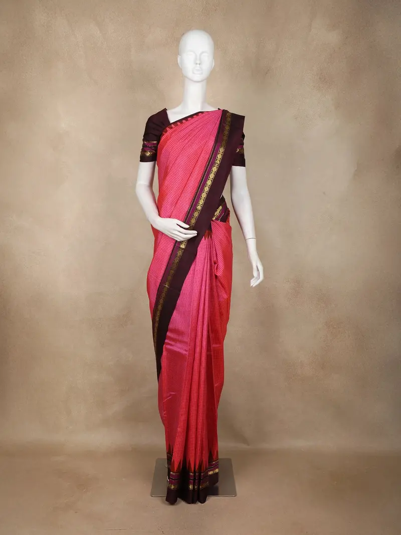 Pink Kanchipuram Silk Saree With Checks On The Body And Contrast Zari Border 1
