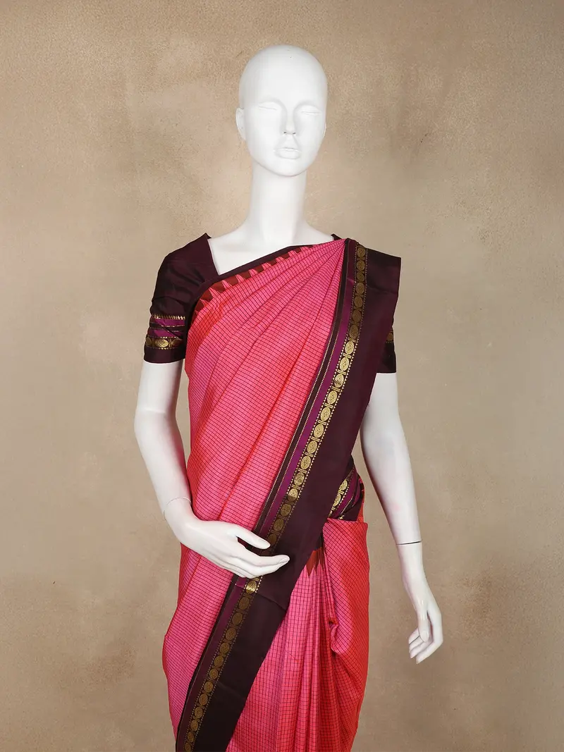 Pink Kanchipuram Silk Saree With Checks On The Body And Contrast Zari Border 2
