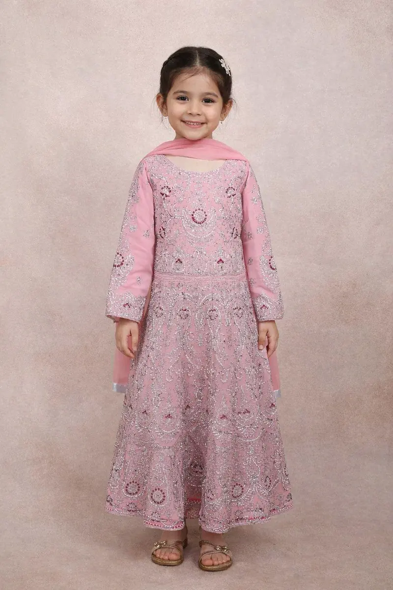 Pink Kids Lehenga Adorned With Sequins And Beads Floral Design With Dupatta 1