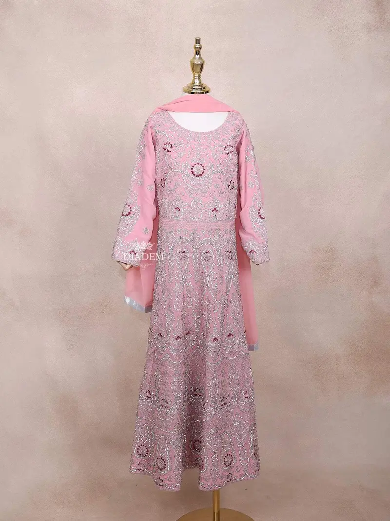 Pink Kids Lehenga Adorned With Sequins And Beads Floral Design With Dupatta 2