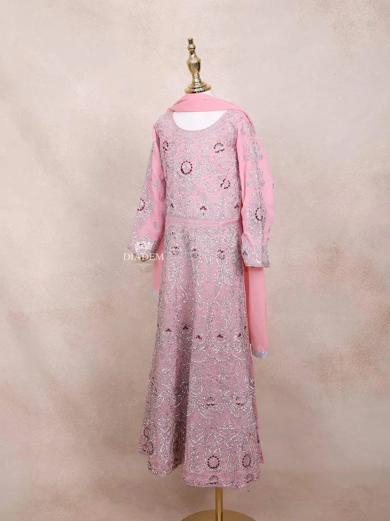 Pink Kids Lehenga Adorned With Sequins And Beads Floral Design With Dupatta 3