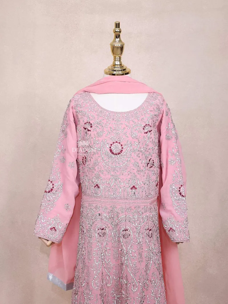 Pink Kids Lehenga Adorned With Sequins And Beads Floral Design With Dupatta 5