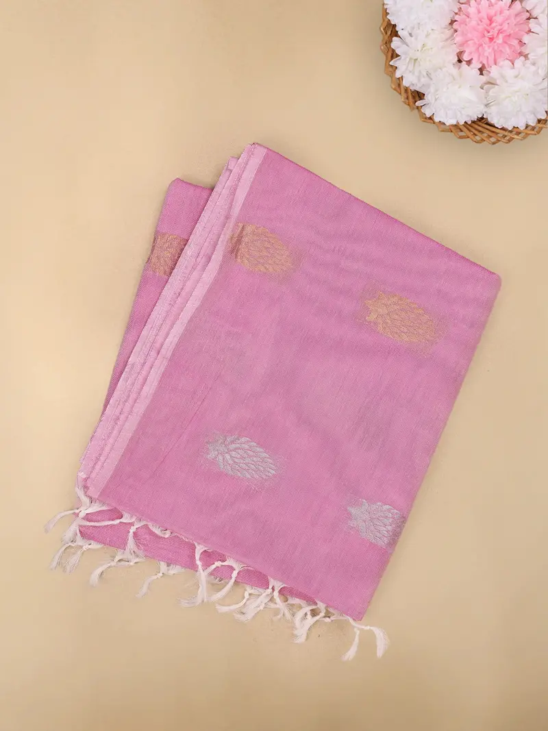 Pink Leaf Butta Woven Design Cotton Saree 1